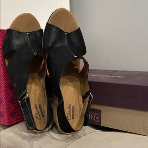 Clarks Black Leather Sandals with Tan Footbed